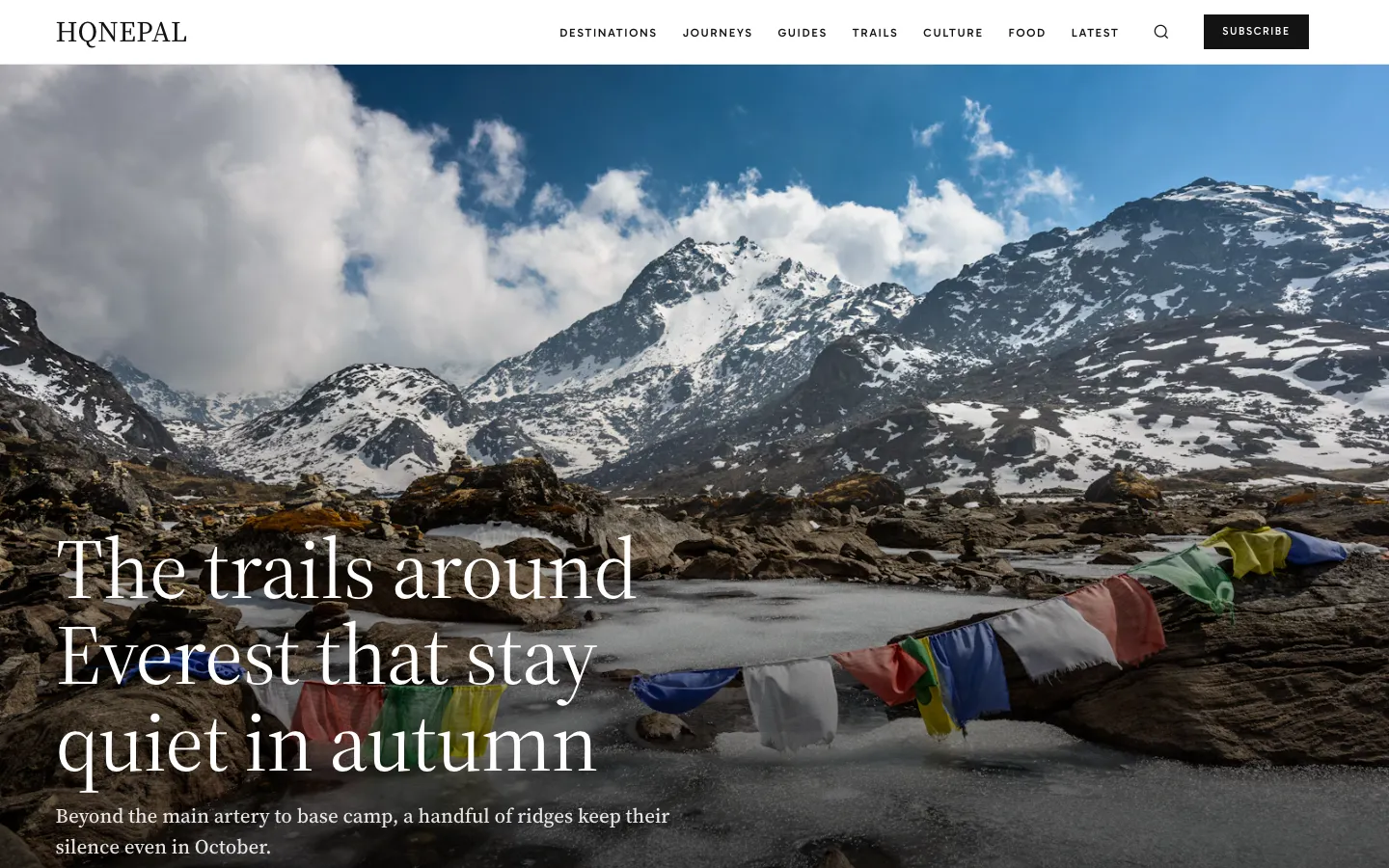 HQ Nepal homepage with a feature story on trails around Everest