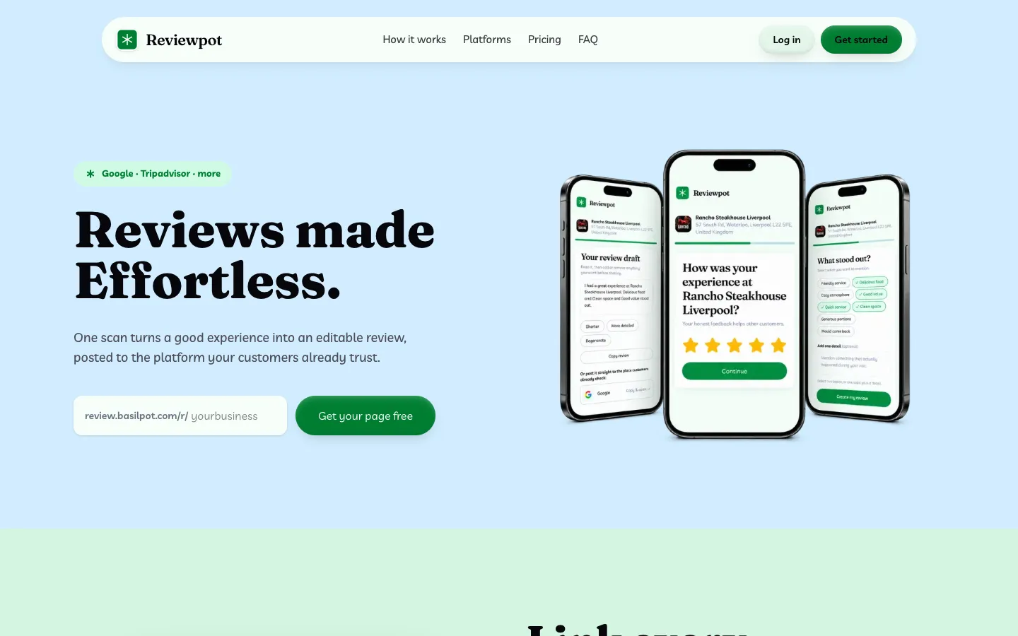 Reviewpot homepage: one scan turns a good experience into an editable review