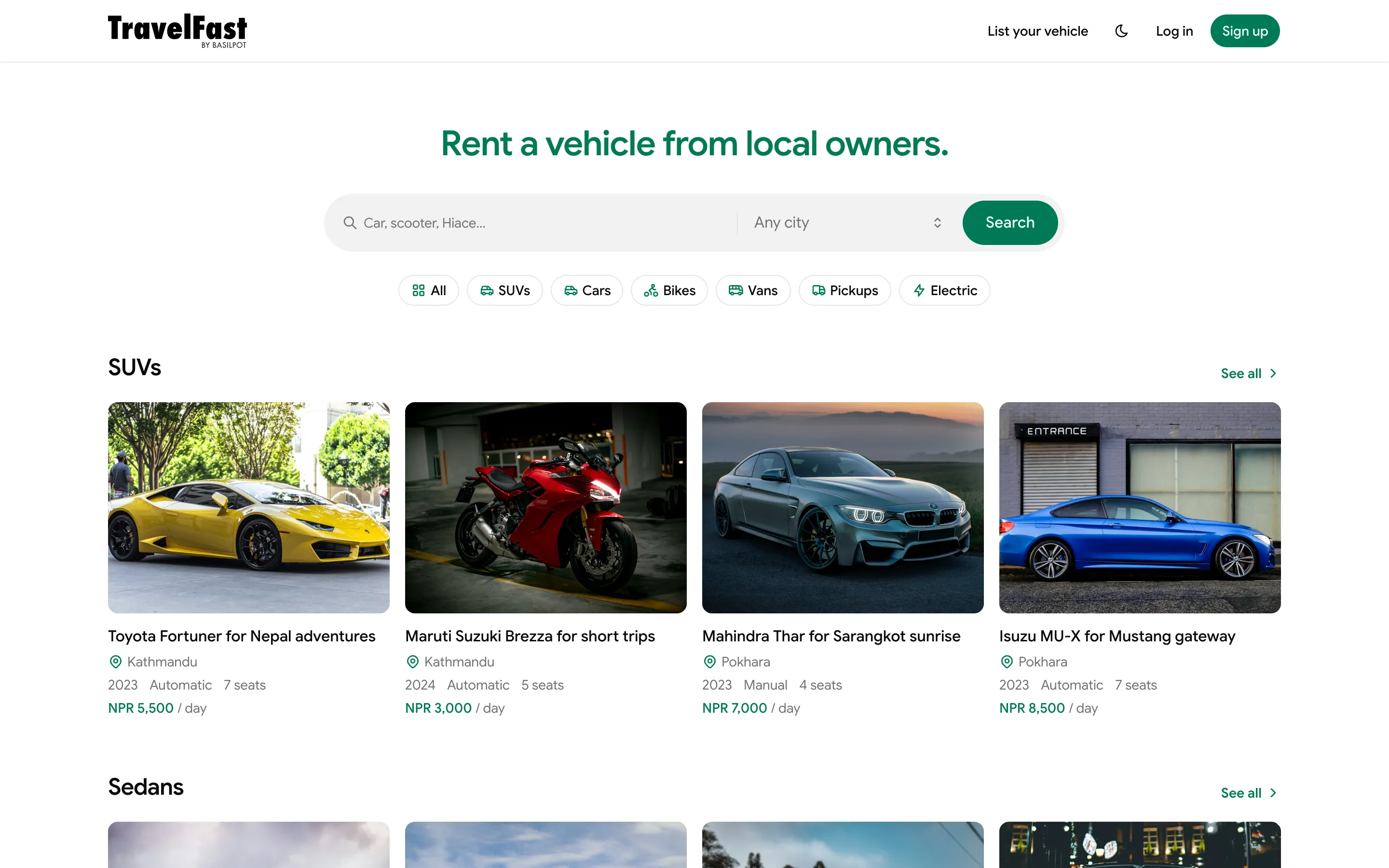 TravelFast homepage: vehicle search and SUVs for rent from local owners in Nepal
